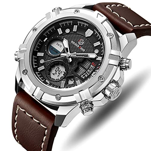 Mens Sport Watch Digital Analog Quartz Waterproof Multifunctional Military Leather Wrist Watches