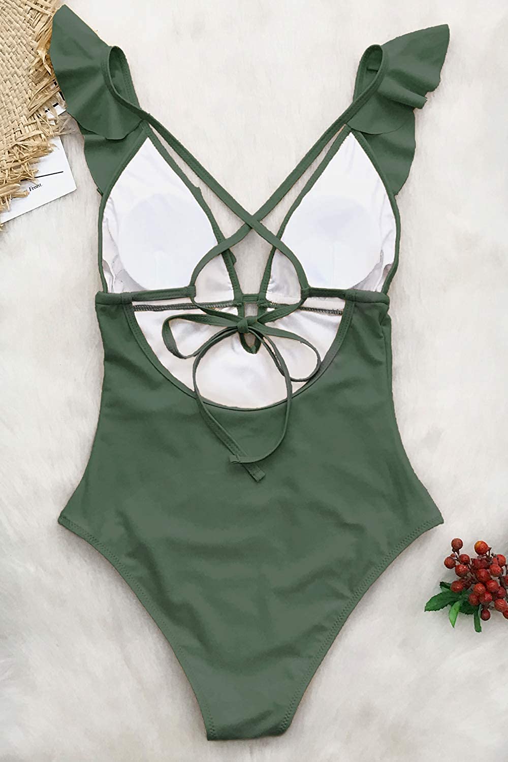 CUPSHE Women's One Piece Swimsuit Ruffle Deep V Neck Strappy Swimwear Bathing Suits