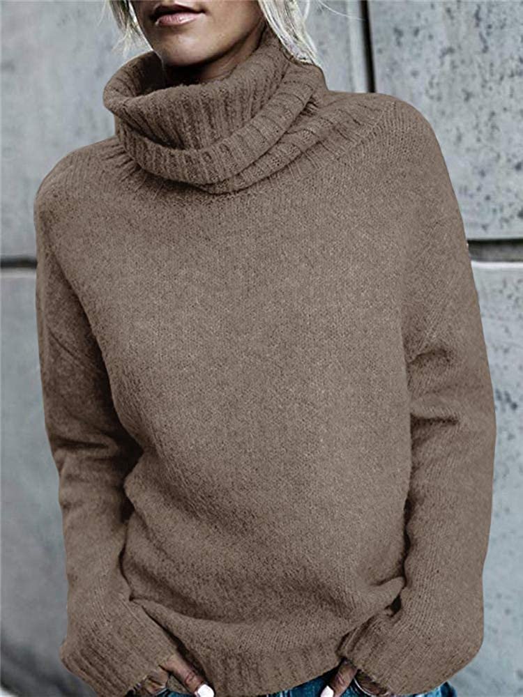 FISACE Womens Solid Round Neck Oversized Turtleneck Full Sleeve Knitted Sweater Pullover