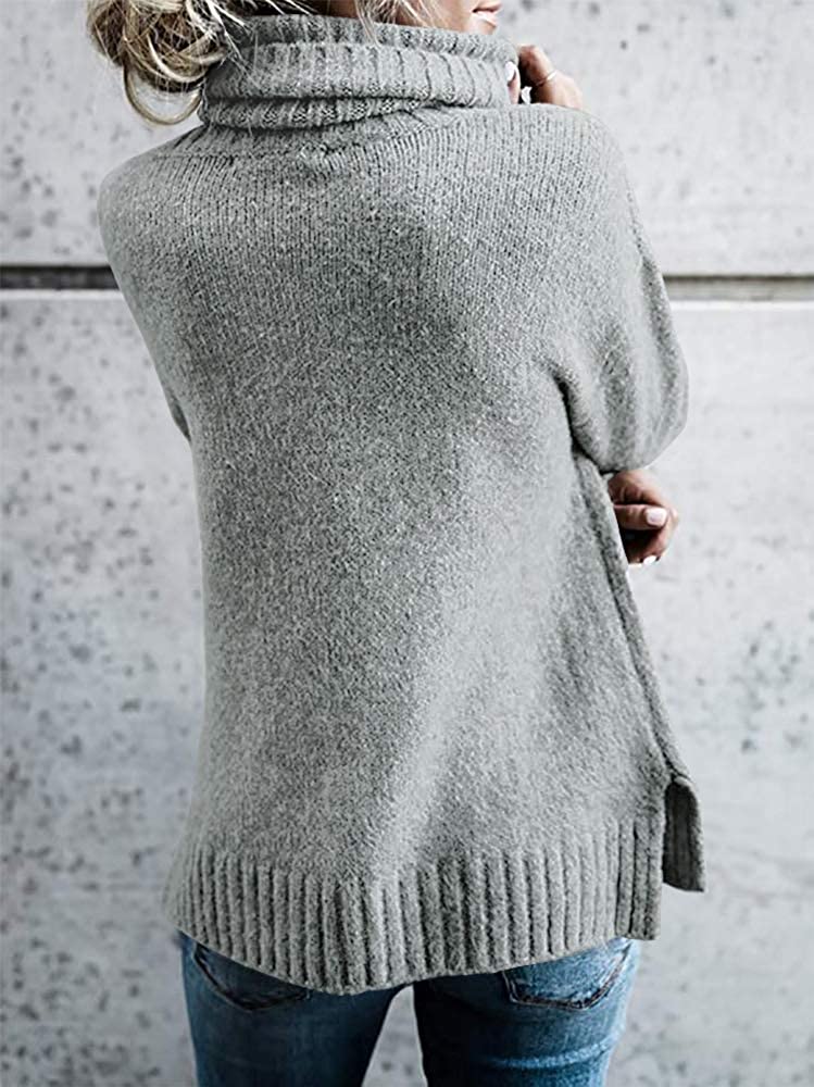 FISACE Womens Solid Round Neck Oversized Turtleneck Full Sleeve Knitted Sweater Pullover