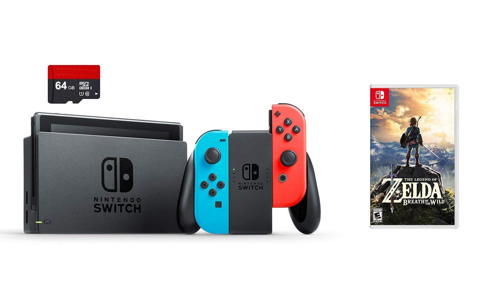 Nintendo Switch Gaming Console Bundle with Neon Red and Blue Joy-Con, 64GB Micro SD Memory Card, and The Legend of Zelda: Breath of the Wild Game - JOY2ESpree