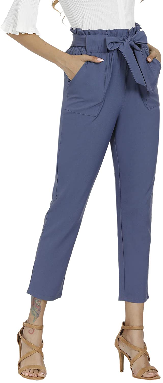 Freeprance Women's Pants Casual Trouser Paper Bag Pants Elastic Waist Slim Pockets