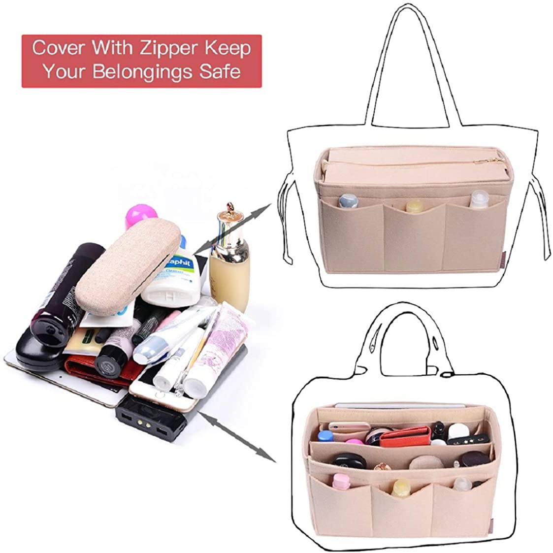 Purse Organizer Insert, Bag Organizer with NEW Detachable Zipper cover, fits Speedy Neverful, St Lious, Tote, 5 Size