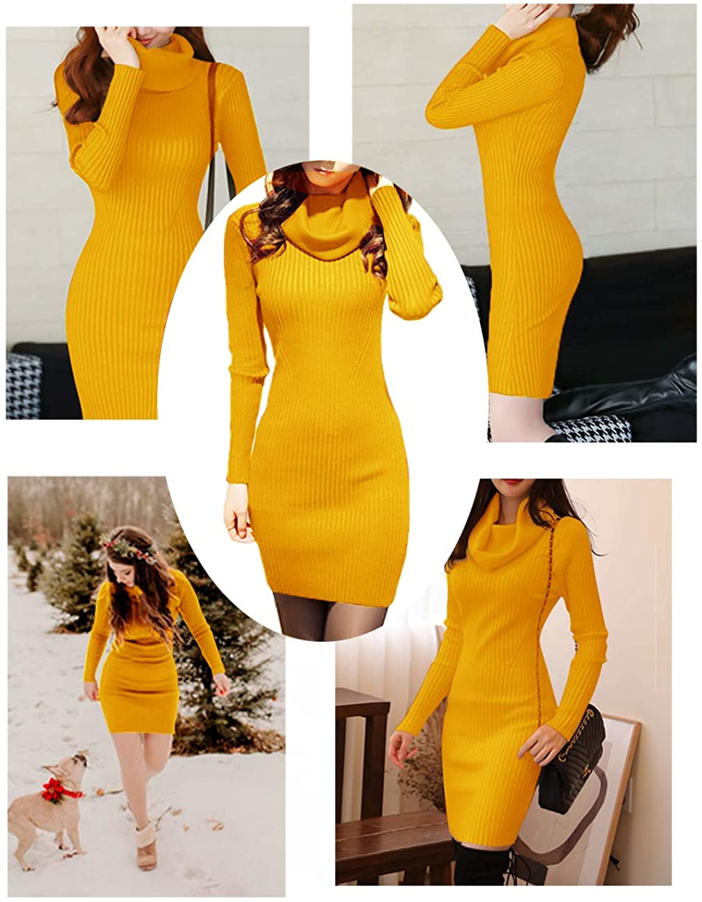 v28 Women Cowl Neck Knit Stretchable Elasticity Long Sleeve Slim Fit Sweater Dress