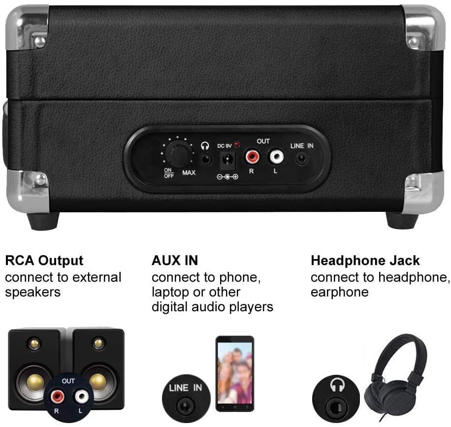 LP&No.1 Portable Suitcase Turntable with Stereo Speaker,3 Speeds Belt-Drive Vinyl Record Player Black - JOY2ESpree