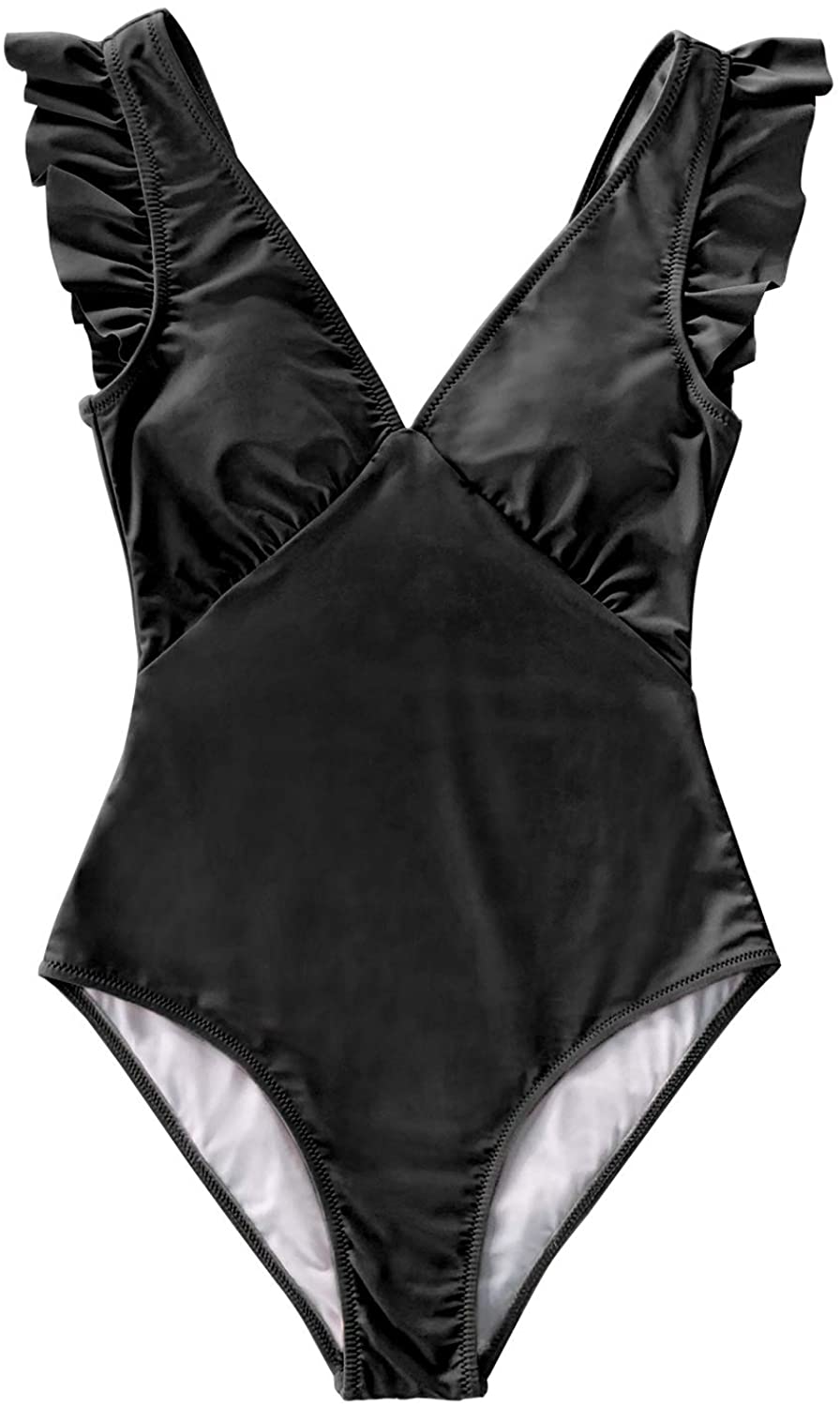 CUPSHE Women's One Piece Swimsuit V Neck Ruched Ruffle Shoulder Swimwear Bathing Suits