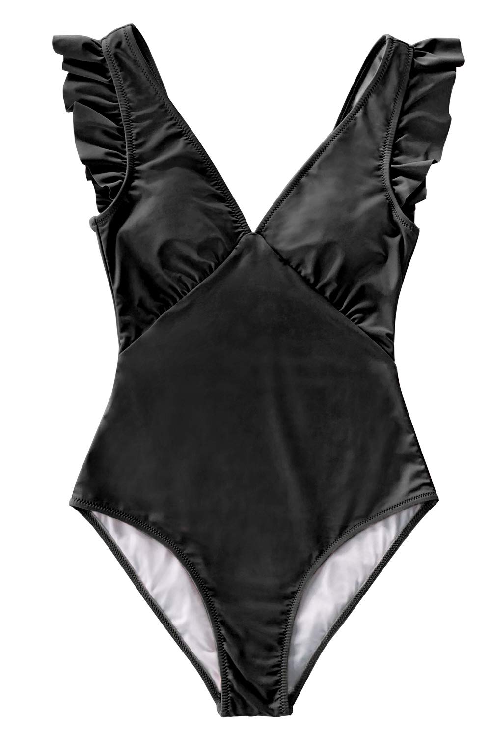 CUPSHE Women's One Piece Swimsuit V Neck Ruched Ruffle Shoulder Swimwear Bathing Suits