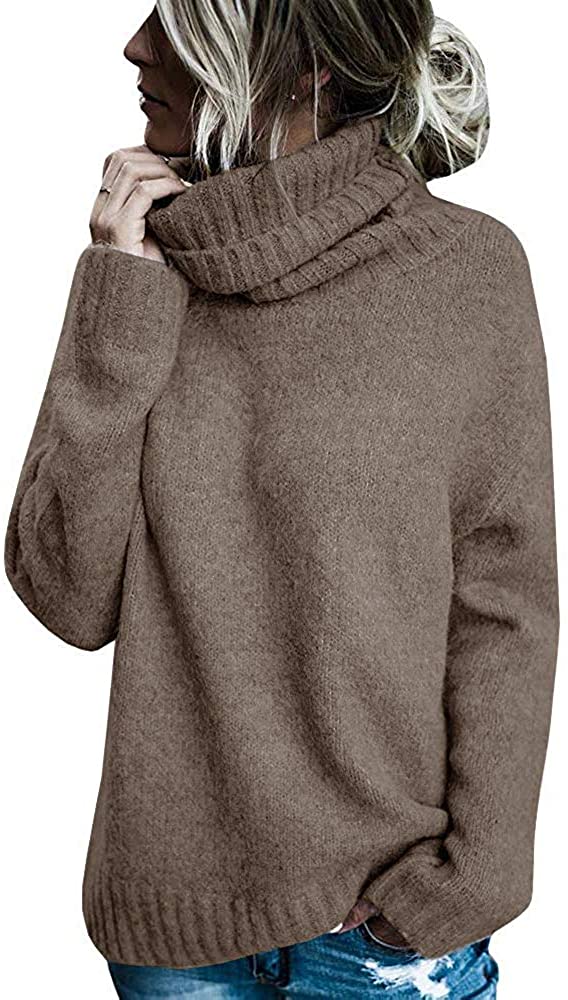 FISACE Womens Solid Round Neck Oversized Turtleneck Full Sleeve Knitted Sweater Pullover