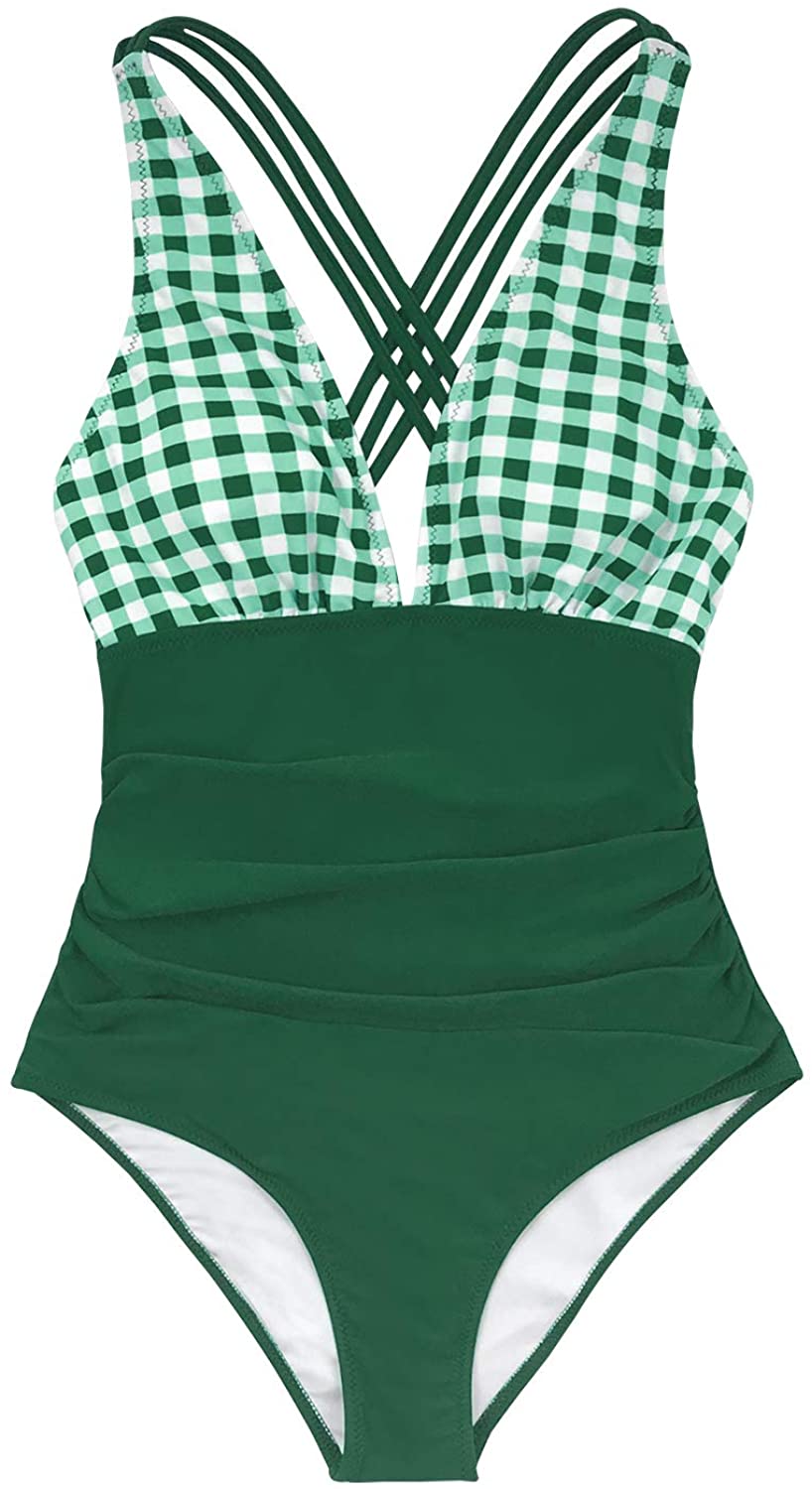 CUPSHE Women's One Piece Swimsuit V Neck Tummy Control Cross Back Vintage Swimwear Bathing Suits