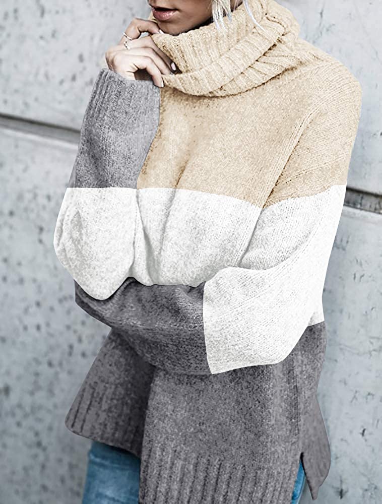 FISACE Womens Solid Round Neck Oversized Turtleneck Full Sleeve Knitted Sweater Pullover