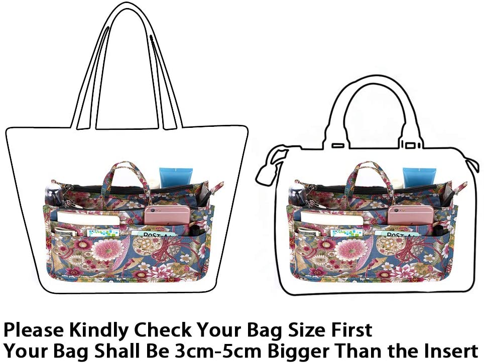 BTSKY New Printing Handbag Organizers Inside Purse Insert-High Capacity 13 Pockets Bag Tote Organizer with Handle Peacock Flower