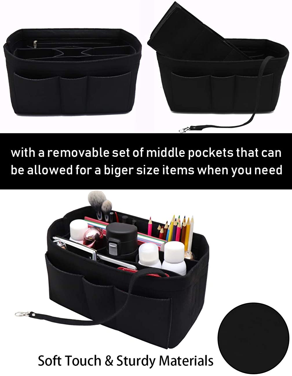 Felt Fabric Purse Tote Diaper Bag Organizer Insert Bag in Bag with Zipper Inner Pocket For Neverfull Speedy