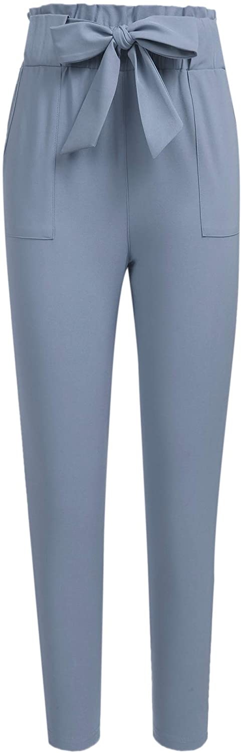 Freeprance Women's Pants Casual Trouser Paper Bag Pants Elastic Waist Slim Pockets