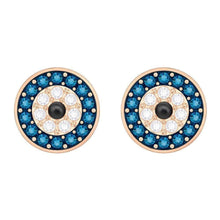 
                        
                          Load image into Gallery viewer, Swarovski Luckily Women's Evil Eye Stud Earrings, Clear, Blue and Black Crystals with a Rose-Gold Tone Plated Setting - JOY2ESpree
                        
                      