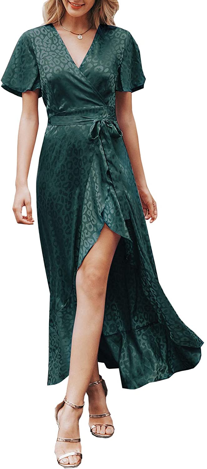 Miessial Women's Summer Chiffon V Neck Ruffle Maxi Dress Polka Dot Long Beach Wrap Dress