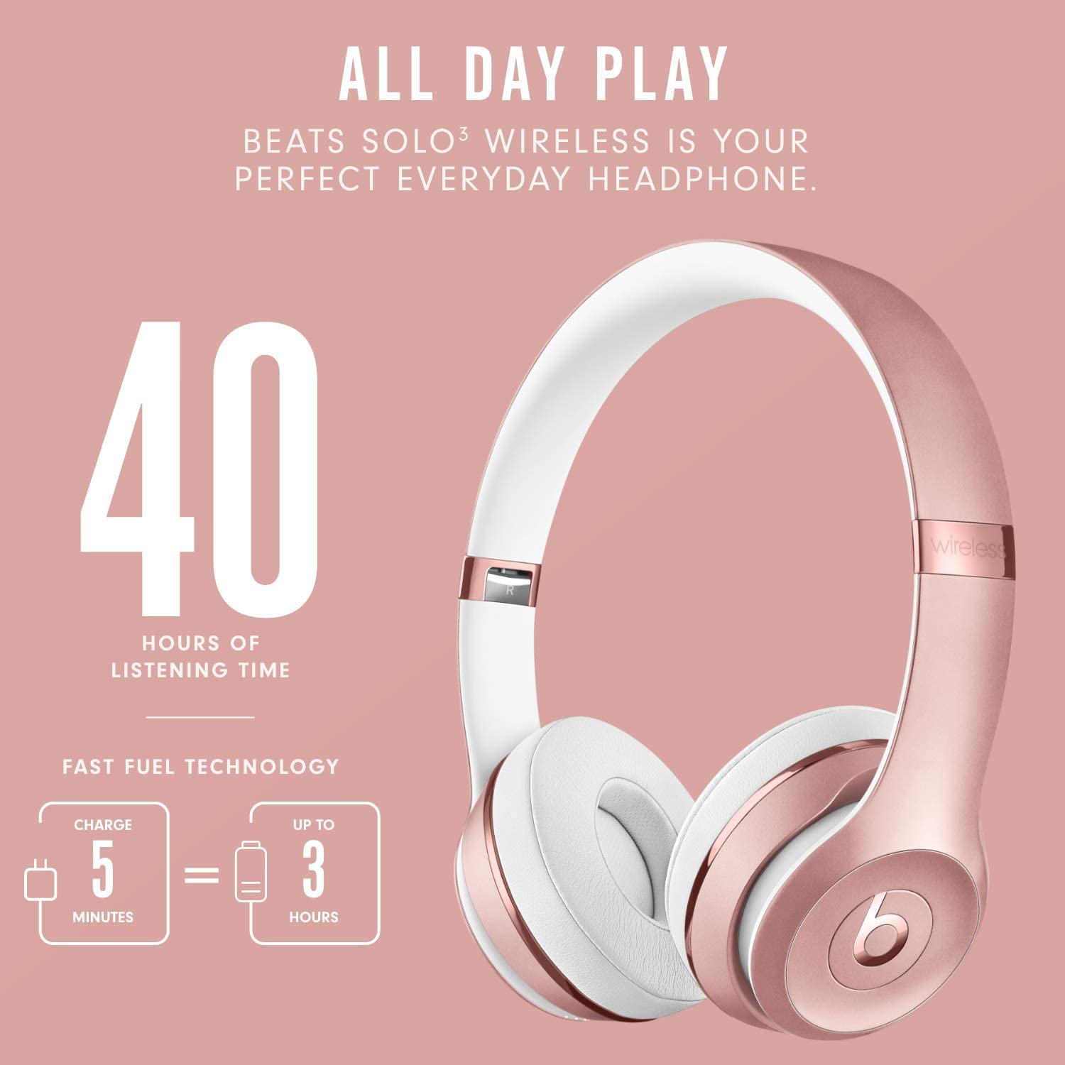 Beats Solo3 Wireless On-Ear Headphones - Apple W1 Headphone Chip, Class 1 Bluetooth, 40 Hours of Listening Time, Built-in Microphone - Satin Gold