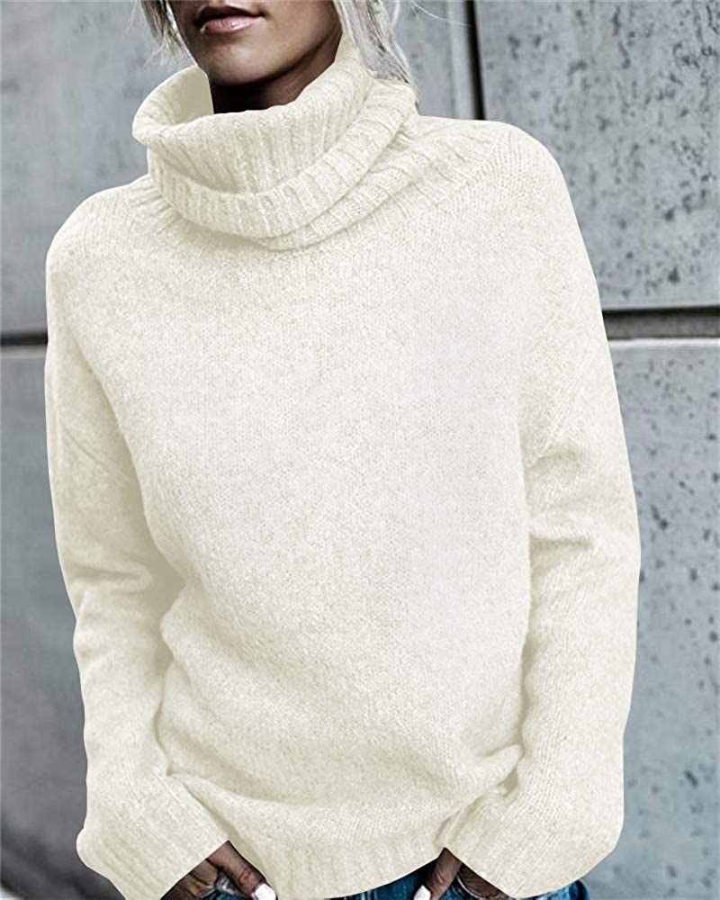 FISACE Womens Solid Round Neck Oversized Turtleneck Full Sleeve Knitted Sweater Pullover
