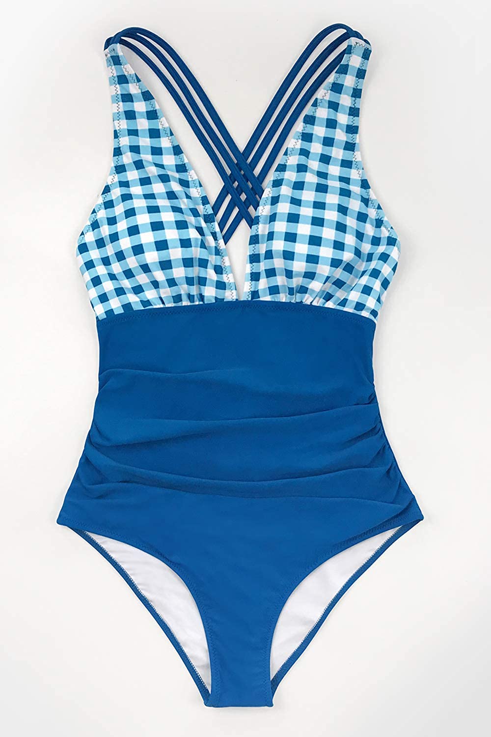 CUPSHE Women's One Piece Swimsuit V Neck Tummy Control Cross Back Vintage Swimwear Bathing Suits