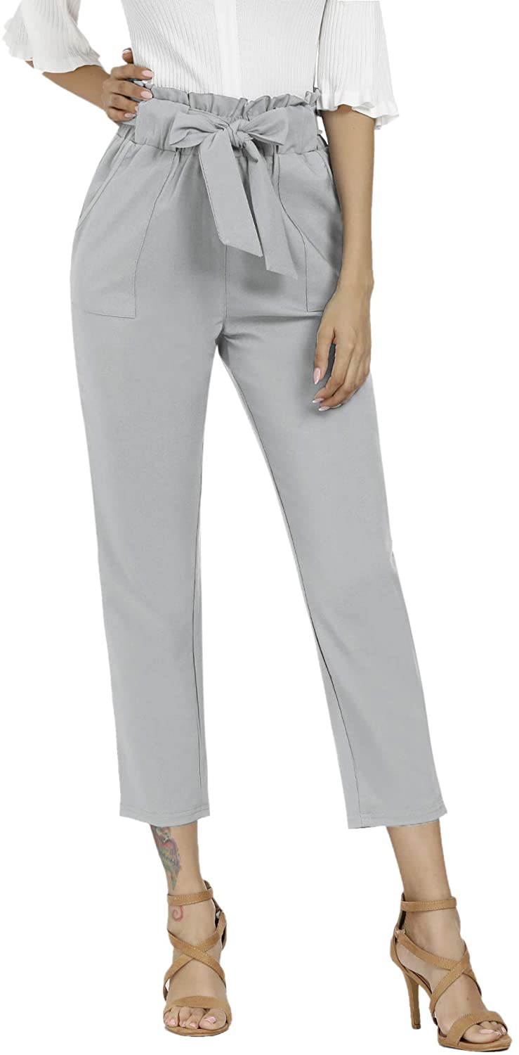 Freeprance Women's Pants Casual Trouser Paper Bag Pants Elastic Waist Slim Pockets