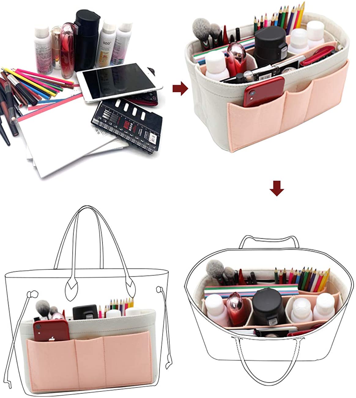 Felt Fabric Purse Tote Diaper Bag Organizer Insert Bag in Bag with Zipper Inner Pocket For Neverfull Speedy