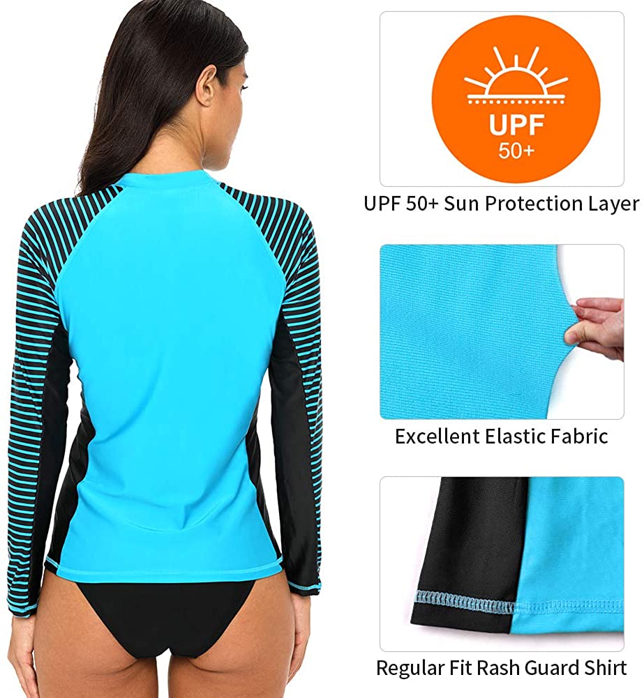 CharmLeaks Women's Long Sleeve Rashguard UPF 50 Sun Protection Swimsuit Top Striped Swim Shirts