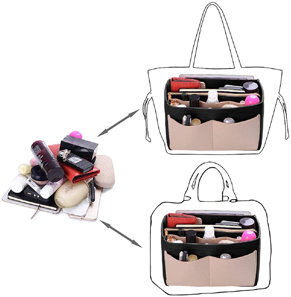Purse Organizer Insert, Felt Bag organizer with zipper, Handbag & Tote Shaper, For Speedy Neverfull Tote, 5 Sizes