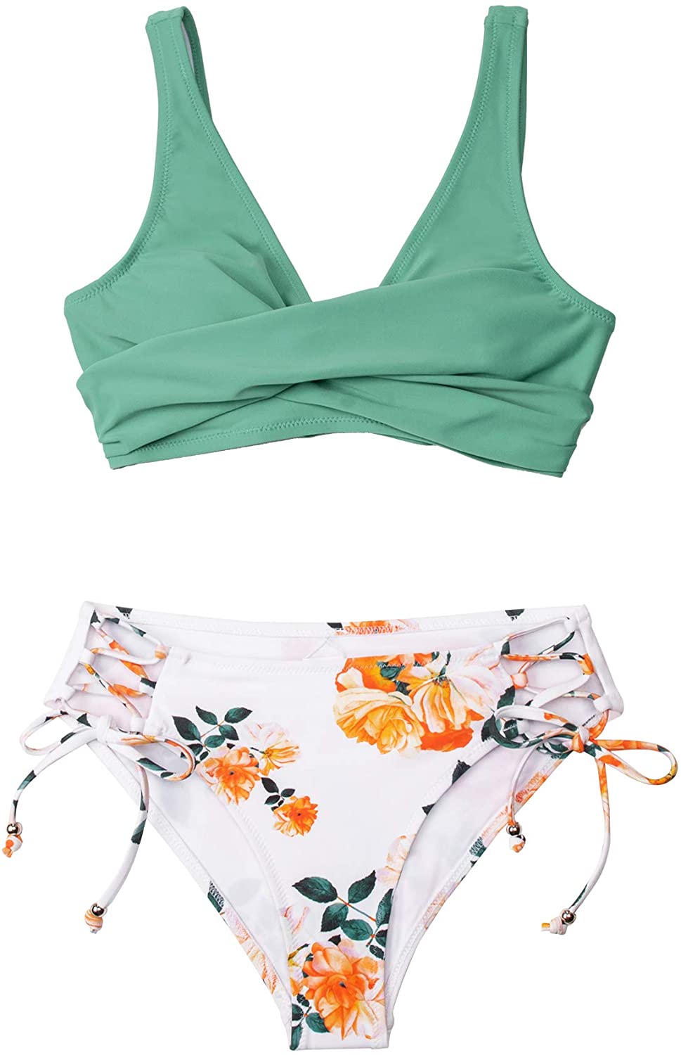 CUPSHE Women's Bikini Swimsuit Floral Print Lace Up Two Piece Bathing Suit