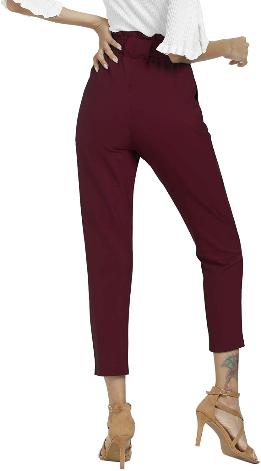 Freeprance Women's Pants Casual Trouser Paper Bag Pants Elastic Waist Slim Pockets