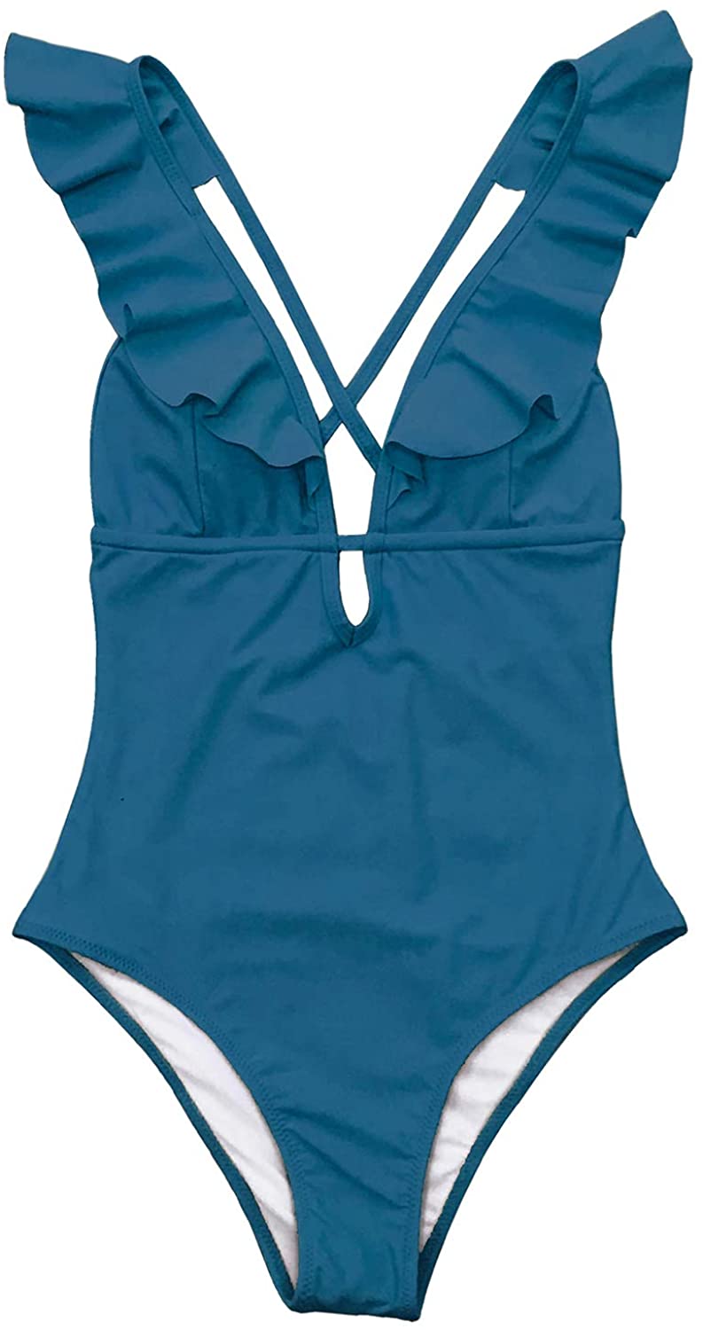 CUPSHE Women's One Piece Swimsuit Ruffle Deep V Neck Strappy Swimwear Bathing Suits