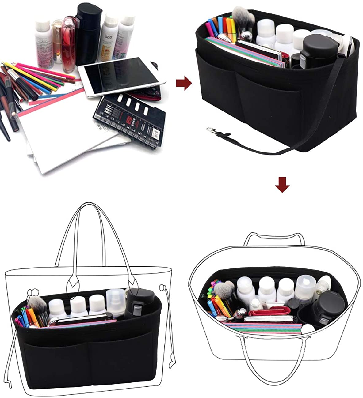 Felt Purse Organizer Insert Zipper Pocket with Two Removeable Bottle Holder