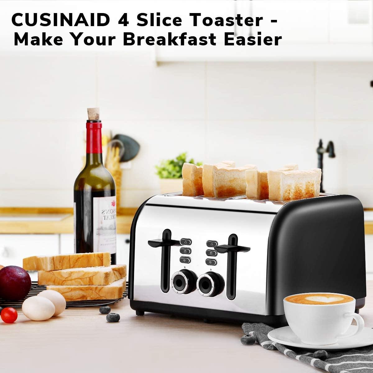 Toaster 4 Slice, CUSINAID 4 Wide Slots Stainless Steel Toasters with Reheat Defrost Cancel Function, 7-Shade Setting, Blue - JOY2ESpree