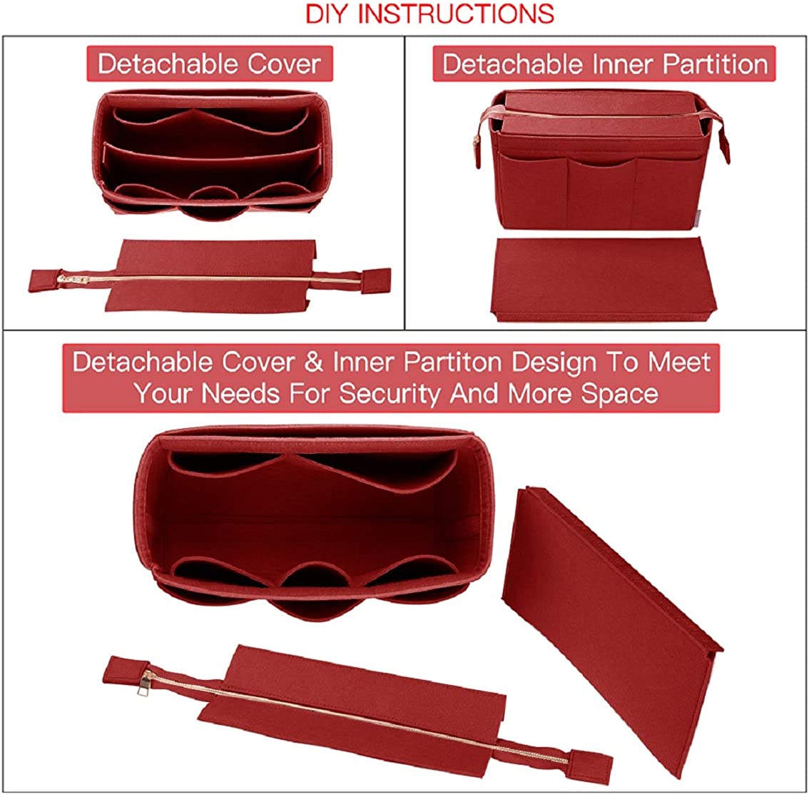 Purse Organizer Insert, Bag Organizer with NEW Detachable Zipper cover, fits Speedy Neverful, St Lious, Tote, 5 Size