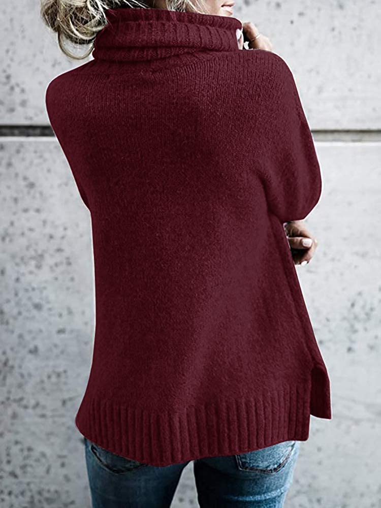 FISACE Womens Solid Round Neck Oversized Turtleneck Full Sleeve Knitted Sweater Pullover