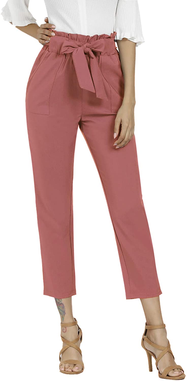 Freeprance Women's Pants Casual Trouser Paper Bag Pants Elastic Waist Slim Pockets