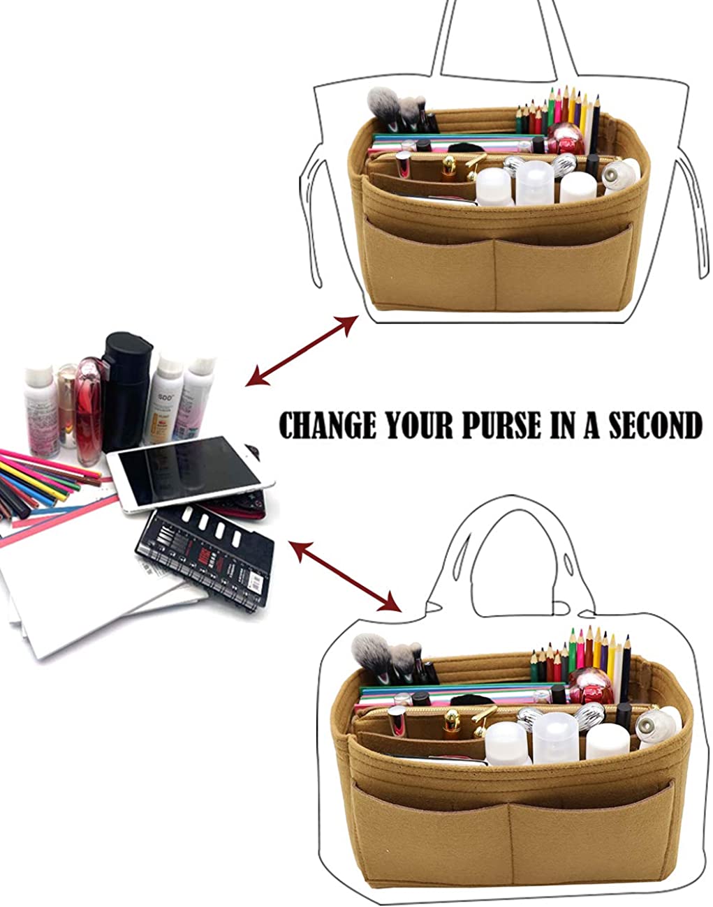 Felt Purse Bag Organizer Insert with zipper Bag Tote Shaper Fit Speedy Neverfull MM GM