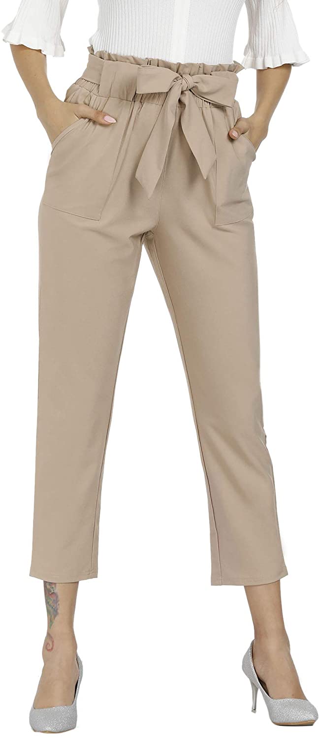 Freeprance Women's Pants Casual Trouser Paper Bag Pants Elastic Waist Slim Pockets
