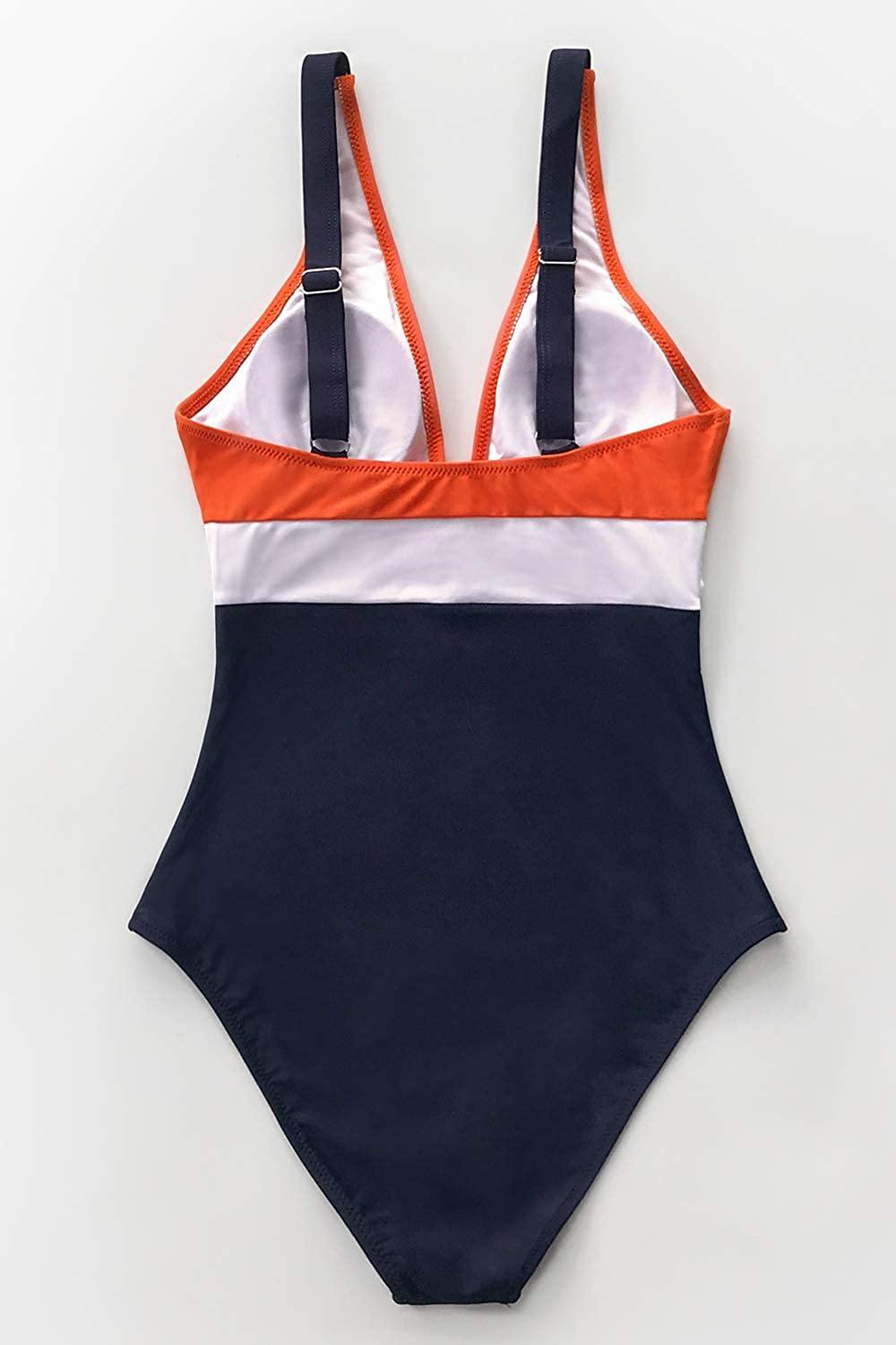 CUPSHE Women's Orange Navy V Neck Ruching One Piece Swimsuit - JOY2ESpree