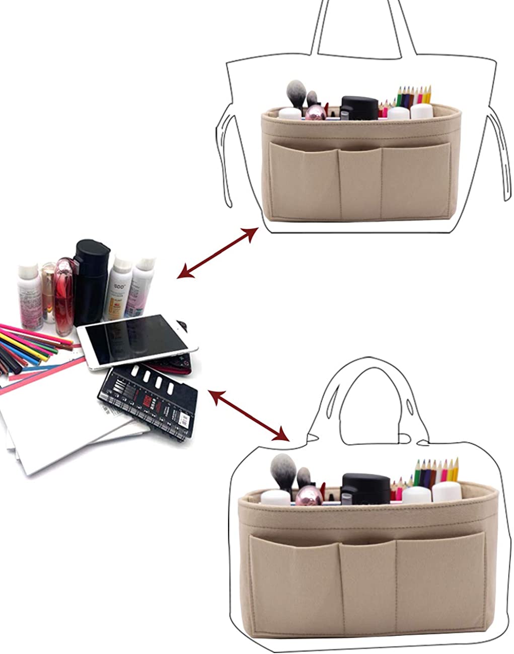 Felt Fabric Purse Tote Diaper Bag Organizer Insert Bag in Bag with Zipper Inner Pocket For Neverfull Speedy