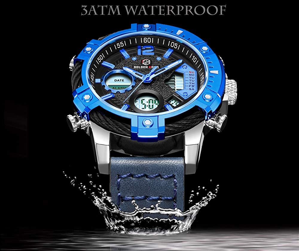 Mens Sport Watch Digital Analog Quartz Waterproof Multifunctional Military Leather Wrist Watches