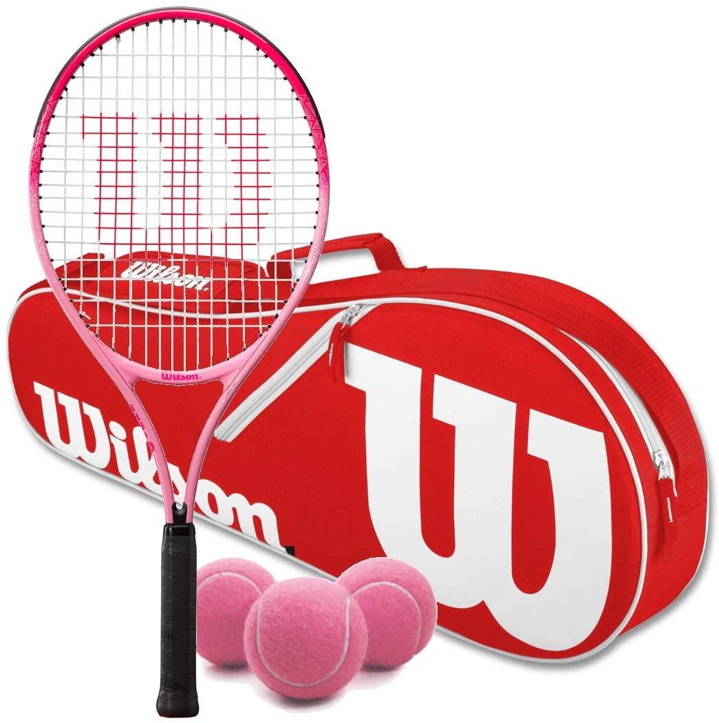 Wilson Burn Pink Junior Tennis Racquet Bundled with a Advantage II Racquet Holder and a Can of Pink Tennis Balls - JOY2ESpree
