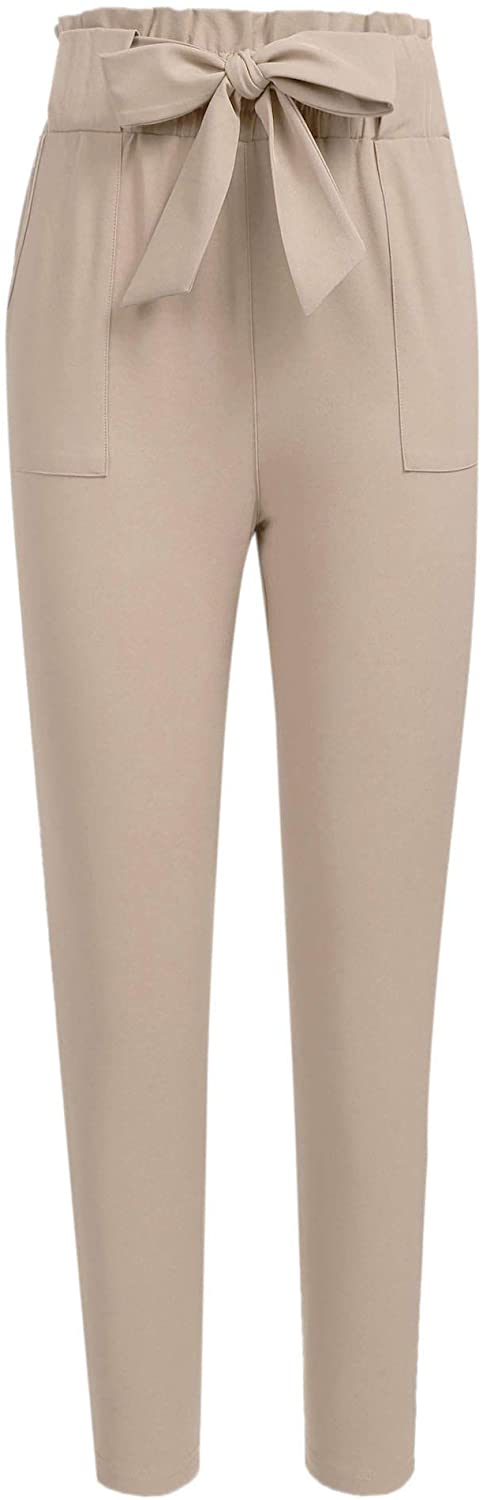Freeprance Women's Pants Casual Trouser Paper Bag Pants Elastic Waist Slim Pockets