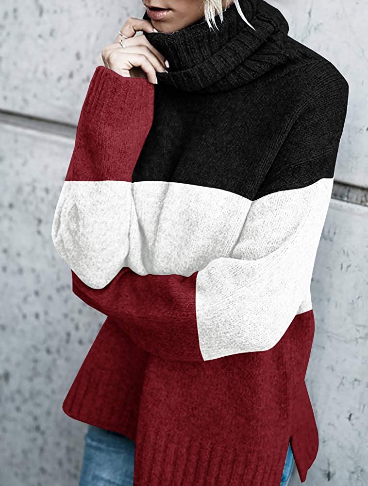 FISACE Womens Solid Round Neck Oversized Turtleneck Full Sleeve Knitted Sweater Pullover