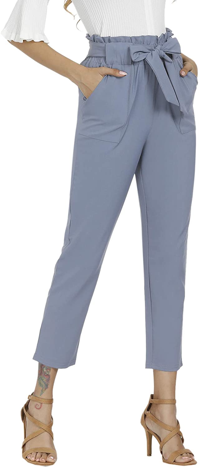 Freeprance Women's Pants Casual Trouser Paper Bag Pants Elastic Waist Slim Pockets