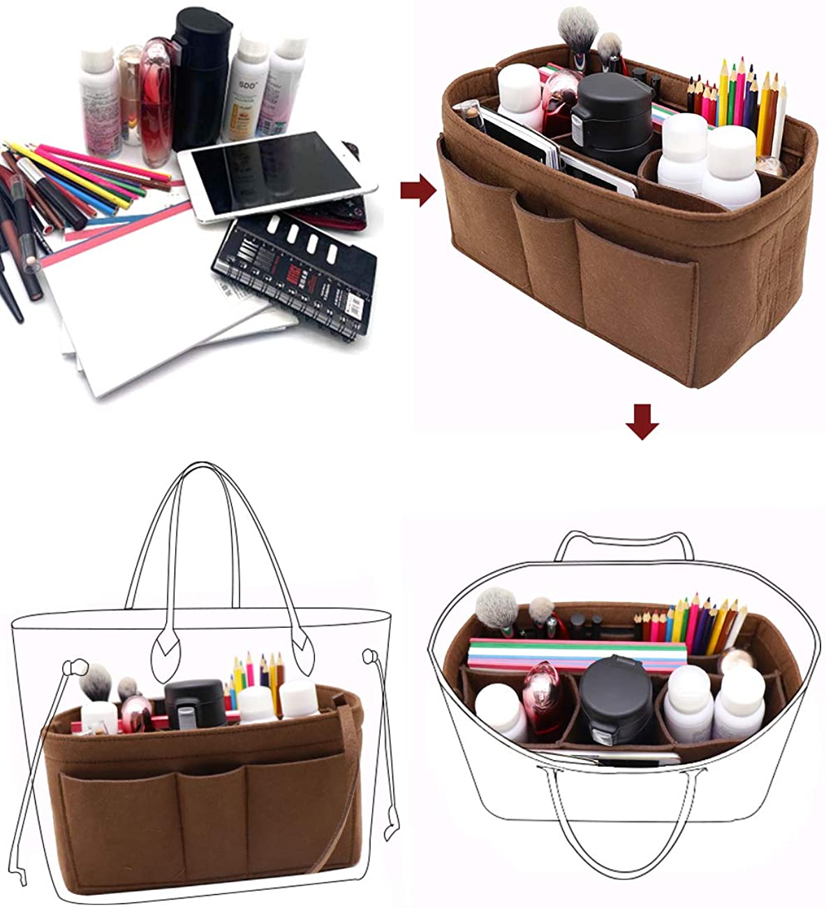 Felt Fabric Purse Tote Diaper Bag Organizer Insert Bag in Bag with Zipper Inner Pocket For Neverfull Speedy