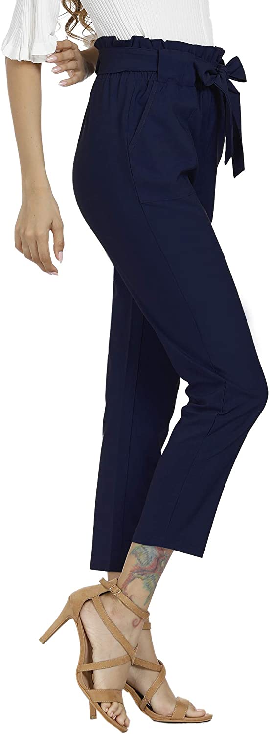 Freeprance Women's Pants Casual Trouser Paper Bag Pants Elastic Waist Slim Pockets