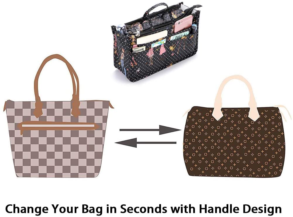 BTSKY New Printing Handbag Organizers Inside Purse Insert-High Capacity 13 Pockets Bag Tote Organizer with Handle Peacock Flower