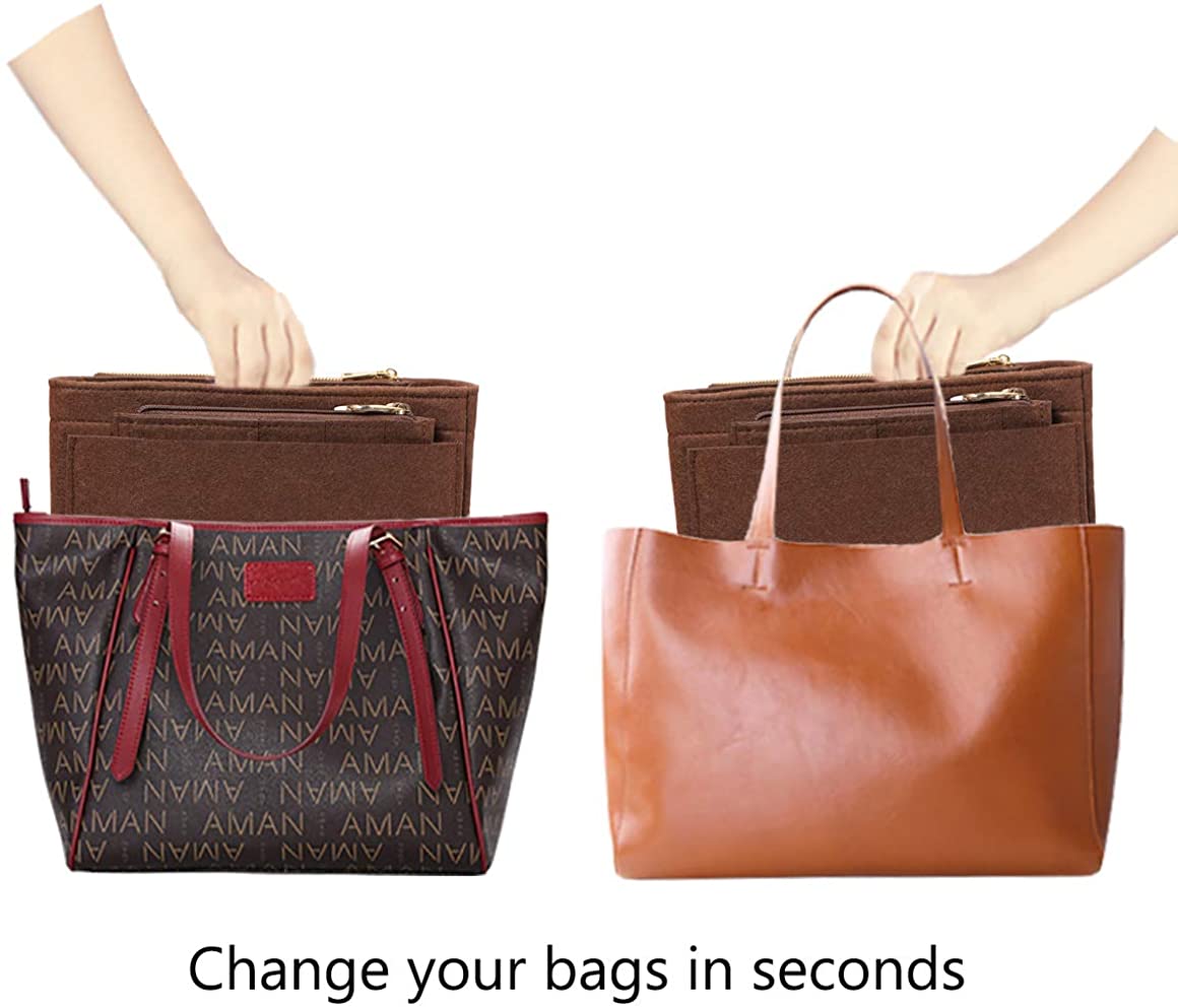 APSOONSELL Felt Purse Organizer Insert with Card Case, Tote Handbag Organizer Bag Insert with Zipper
