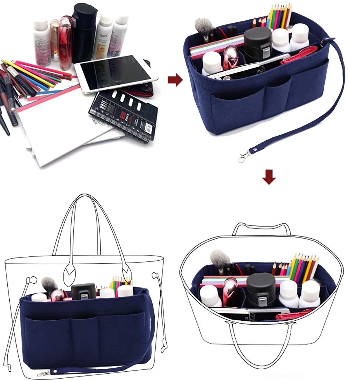 Felt Fabric Purse Tote Diaper Bag Organizer Insert Bag in Bag with Zipper Inner Pocket For Neverfull Speedy