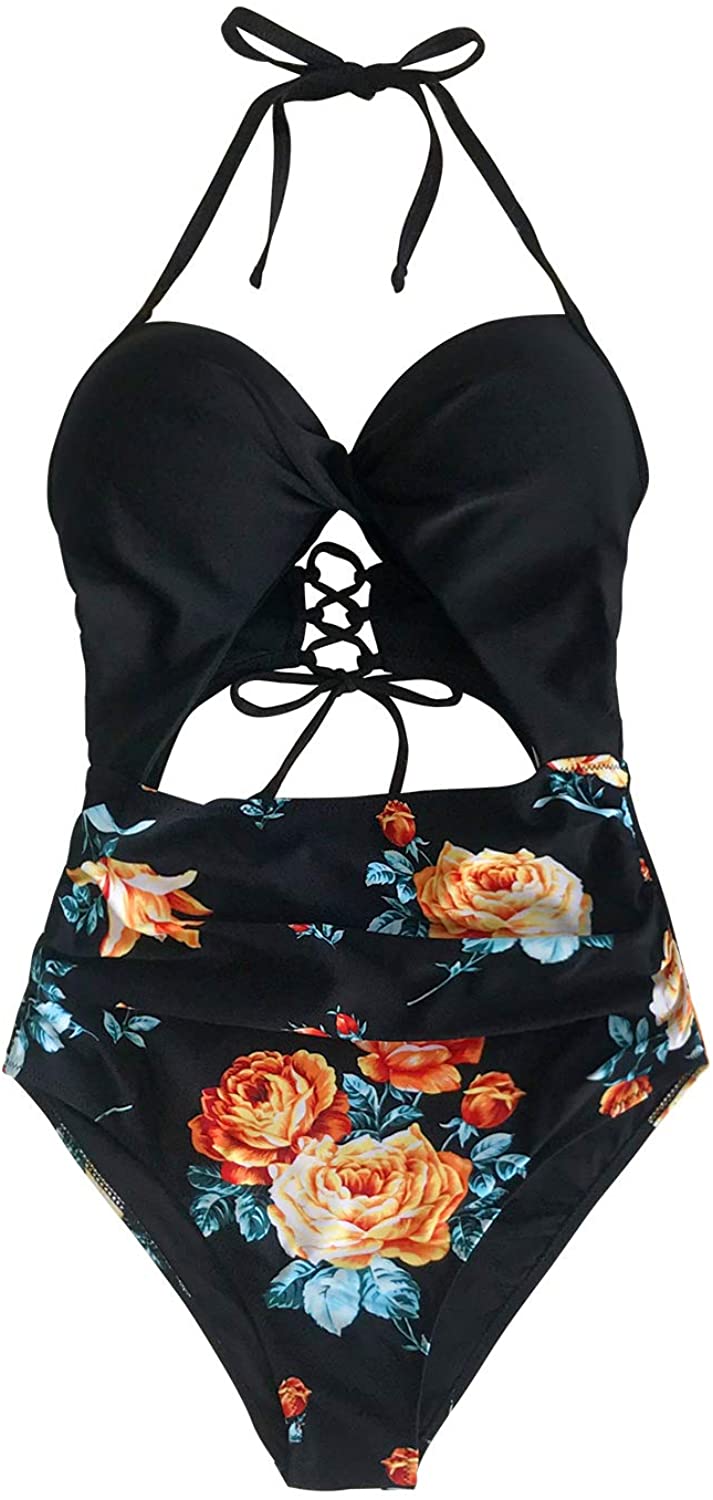 CUPSHE Women's Black Floral Print Halter Cutout High Waist One Piece Swimsuit