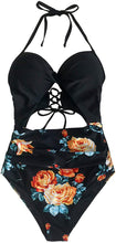 
                        
                          Load image into Gallery viewer, CUPSHE Women's Black Floral Print Halter Cutout High Waist One Piece Swimsuit
                        
                      